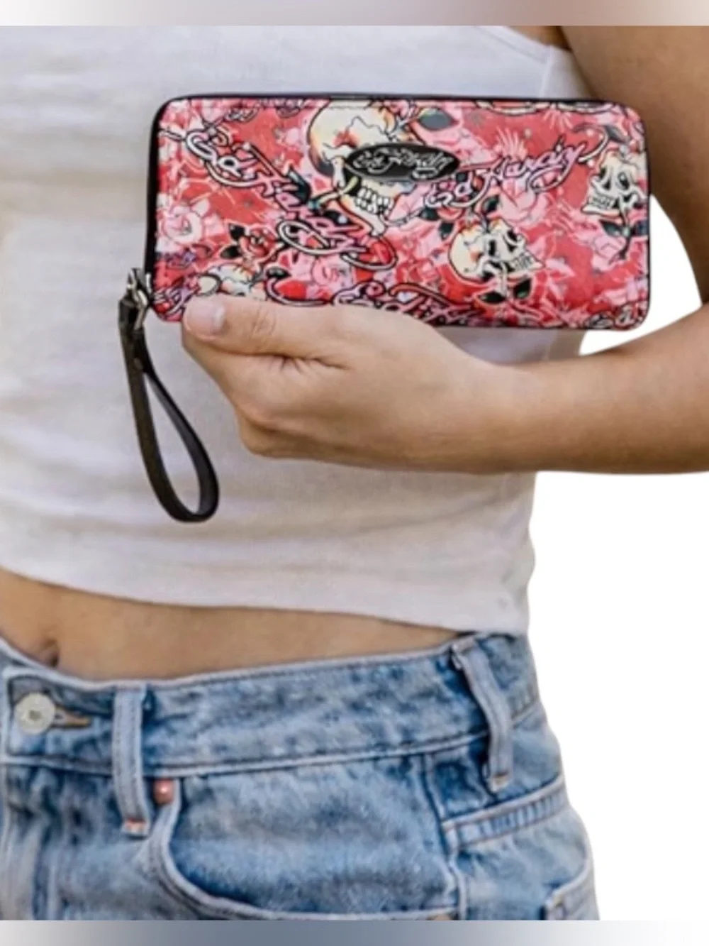 *new* Ed Hardy Skull & Rose Tattoo Print Zip Around Wristlet Wallet Clutch